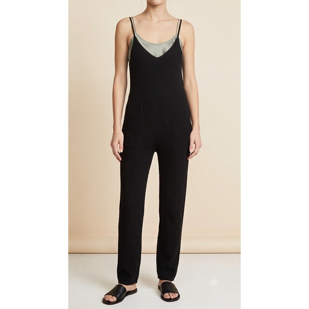 Flawless Boho Black Waffle Knit Wide Leg Jumpsuit  Adjustable Straps Pockets M